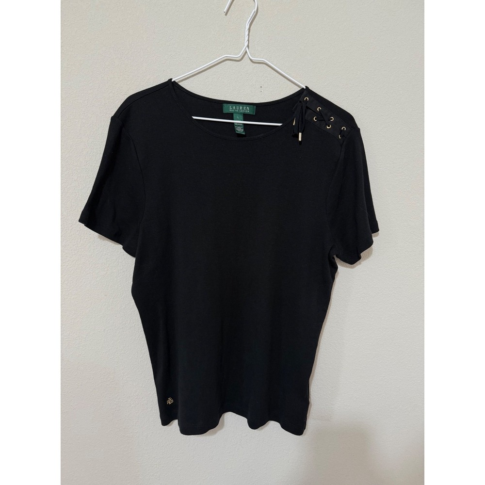Lauren‎ Ralph Lauren T-Shirt Womens Large Black Lace Up Shoulder Cotton Top